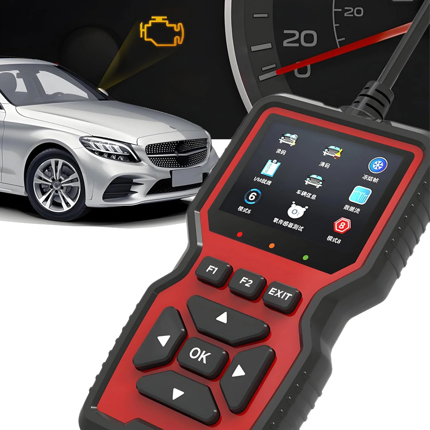 Scanner OBD2 devant un véhicule, voyant moteur allumé